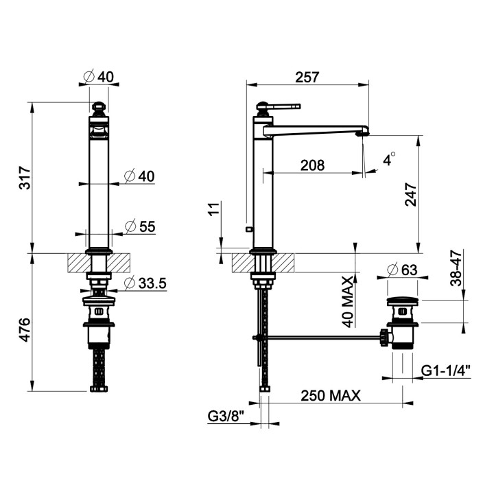 Bateria umywalkowa Gessi Venti20, stojąca, wysokość 168mm, korek automatyczny, chrom