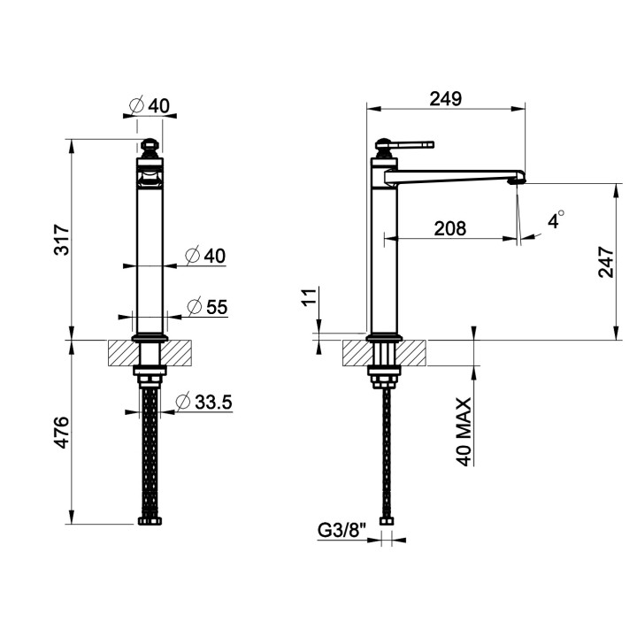 Bateria umywalkowa Gessi Venti20, stojąca, wysokość 317mm, korek automatyczny, chrom