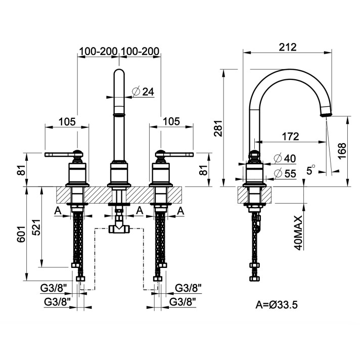 Bateria umywalkowa 3-otworowa Gessi Venti20, stojąca, wysokość 281mm, korek automatyczny, chrom