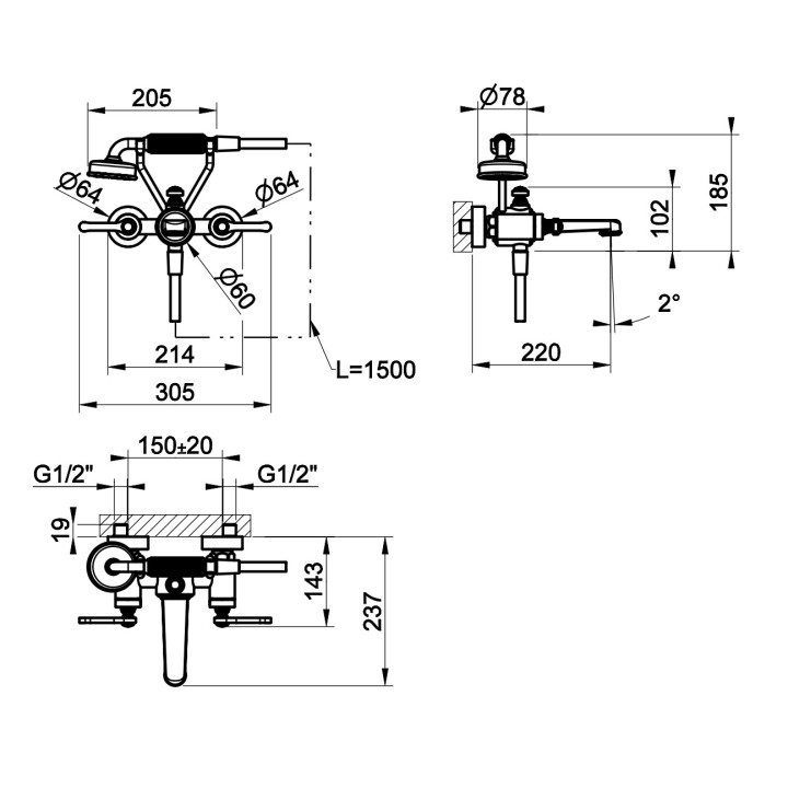 Bateria bidetowa Gessi Venti20, stojąca, wysokość 168mm, korek automatyczny, chrom