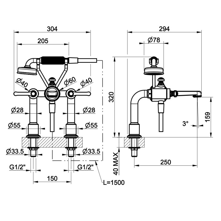 Bateria wannowa Gessi Venti20, natynkowa, 2 wyjścia wody, z zestawem natryskowym, chrom