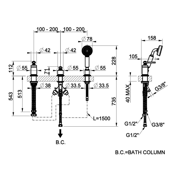 Bateria wannowa 3-otworowa Gessi Origini, stojąca, bez wylewki, 2 wyjścia wody, zestaw natryskowy, chrom