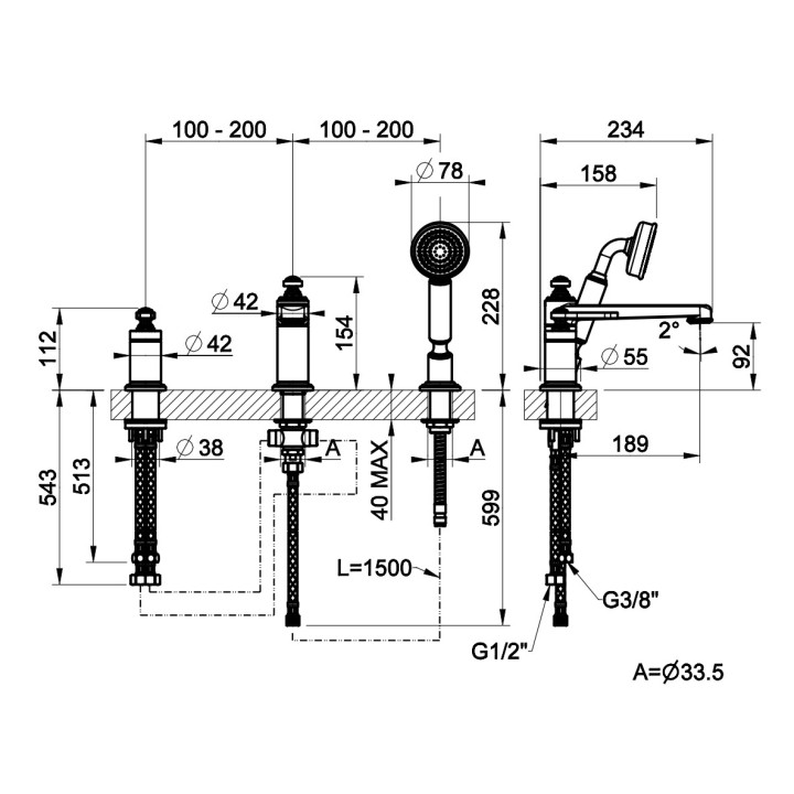 Bateria wannowa 3-otworowa Gessi Venti20, stojąca, bez wylewki, 2 wyjścia wody, zestaw natryskowy, chrom