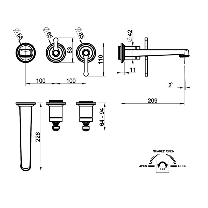 Bateria wannowa 4-otworowa Gessi Venti20, stojąca, wylewka 190mm, 2 wyjścia wody, zestaw natryskowy, chrom