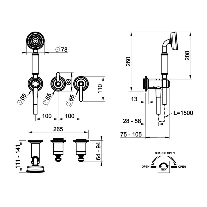 Bateria wannowa  Gessi Venti20, podtynkowa, 3-otworowa, 2 wyjścia wody, z zestawem natryskowym, chrom