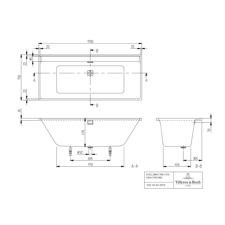Wanna prostokątna Villeroy & Boch Collaro, 170x75cm, złoty osprzęt, Weiss Alpin