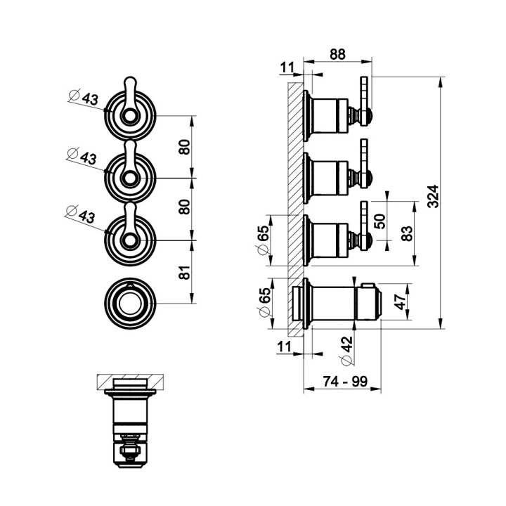 Termostatyczna bateria natryskowa Gessi Venti20, 3-otworowa, podtynkowa, 2 jednoczesne wyjścia wody, chrom
