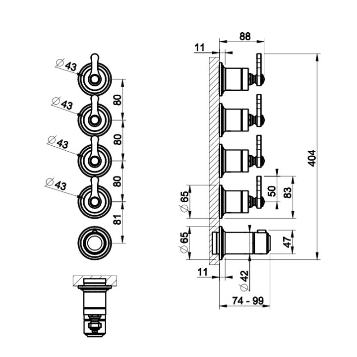 Termostatyczna bateria natryskowa Gessi Venti20, 4-otworowa, podtynkowa, 3 jednoczesne wyjścia wody, chrom