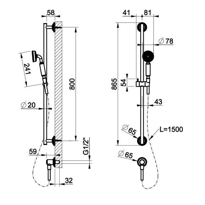 Zestaw natryskowy Gessi Venti20, natynkowy, drążek z słuchawką, wężem 150cm i przyłączem kątowym, chrom