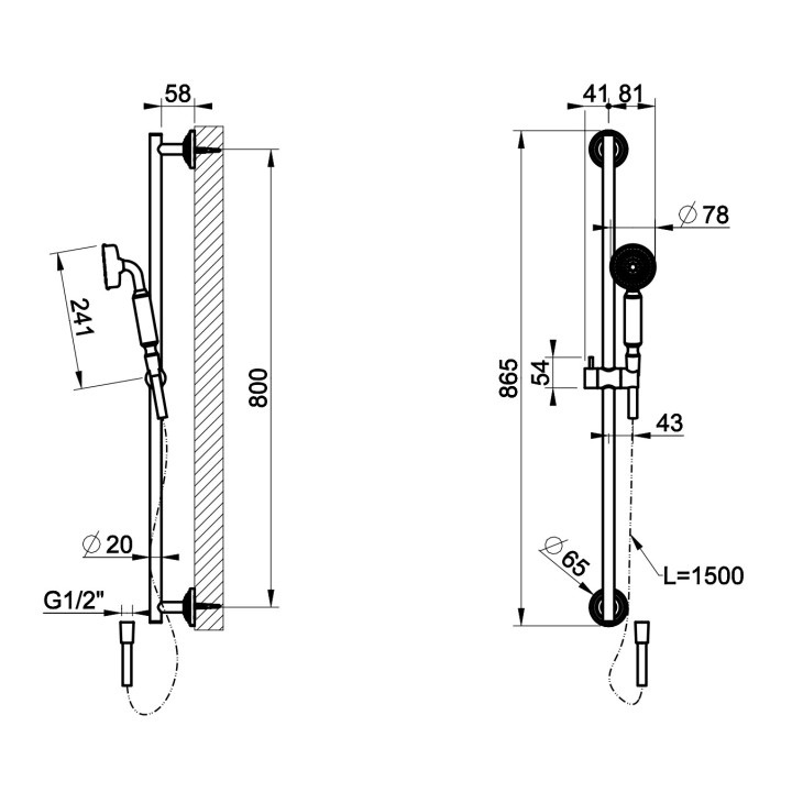 Zestaw natryskowy Gessi Venti20, natynkowy, drążek z słuchawką i wężem 150cm, chrom