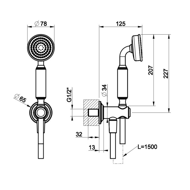 Zestaw natryskowy Gessi Venti20, natynkowy, drążek z słuchawką i wężem 150cm, chrom
