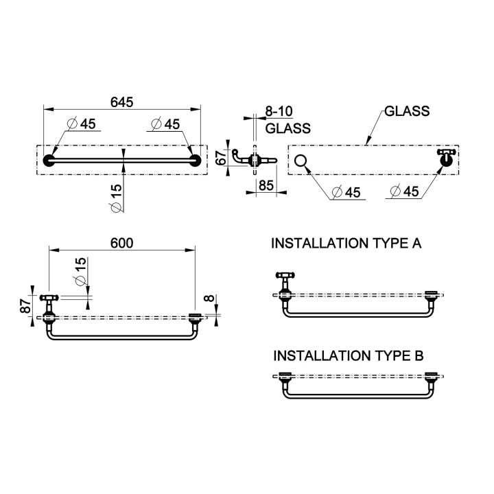 Reling na ręcznik Gessi Venti20, do montażu na szkle, 45cm, chrom