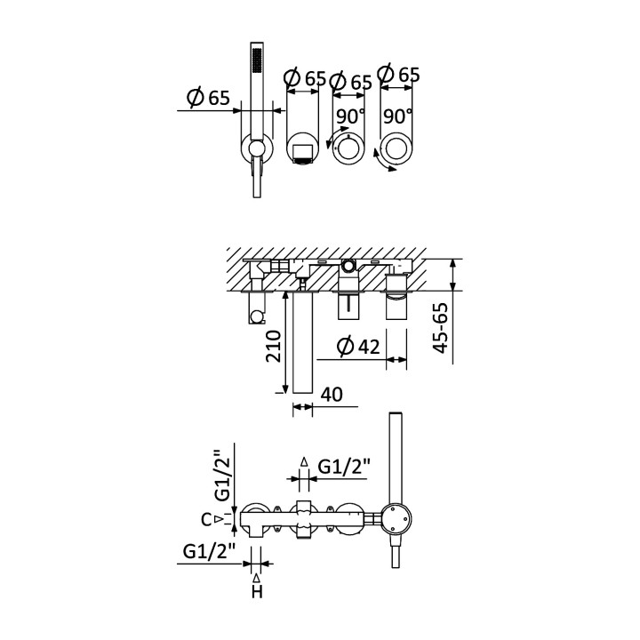 Bateria wannowa 4-otworowa Bruma Luna, podtynkowa, 2 wyjścia wody, wylewka kaskadowa, zestaw natryskowy, night sky