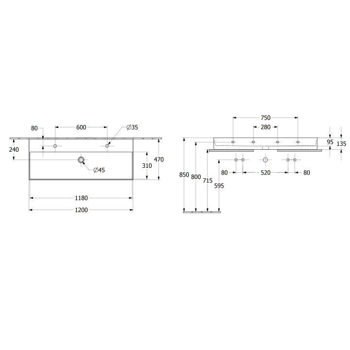 Umywalka ścienna Villeroy & Boch Memento 2.0, 120x47cm, przelew, 2 otwory na baterie, CeramicPlus, Weiss Alpin