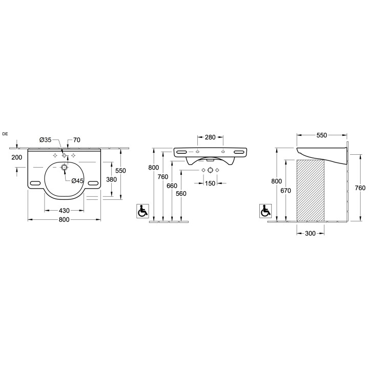 Umywalka dla osób niepełnosprawnych Villeroy & Boch ViCare, 81x56cm, przelew, otwór na baterię, Weiss Alpin