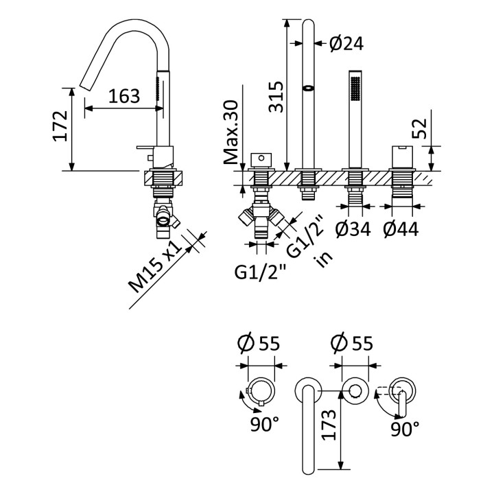 Bateria wannowa wolnostojąca Bruma Leaf, 2 wyjścia wody, sunrise PVD