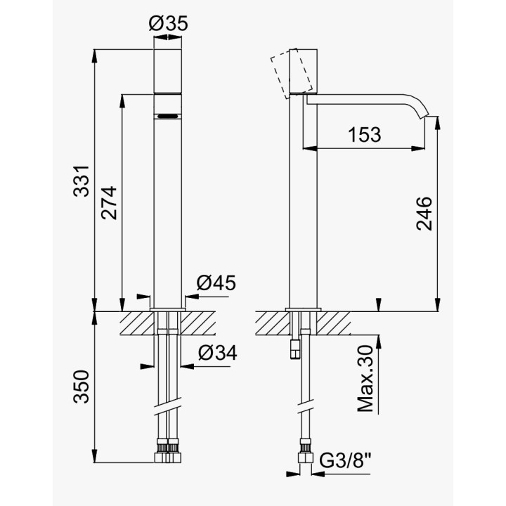 Bateria umywalkowa Bruma Avalon, stojąca, wysokość 186mm, chrom