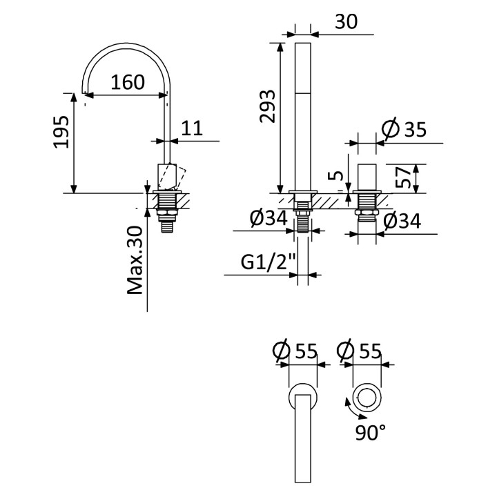 Bateria umywalkowa Bruma Avalon, stojąca, wysokość 331mm, chrom