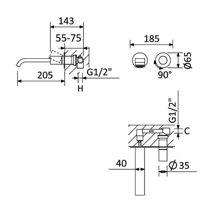 Bateria umywalkowa Bruma Avalon, podtynkowa, wylewka 205mm, chrom