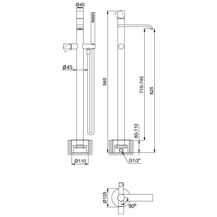 Bateria umywalkowa Bruma Avalon, wolnostojąca, wysokość 1210mm, chrom