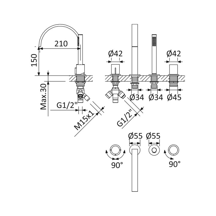 Bateria wannowo-natryskowa Bruma Avalon, natynkowa, 2 wyjścia wody, chrom