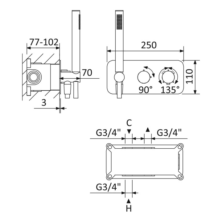 Bateria natryskowa Bruma Avalon, podtynkowa, 2 wyjścia wody, z zestawem natryskowym, chrom