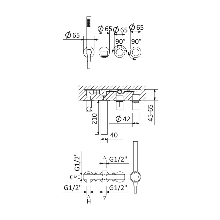Bateria wannowa 4-otworowa Bruma Avalon, podtynkowa, 2 wyjścia wody, wylewka 210mm, zestaw natryskowy, chrom