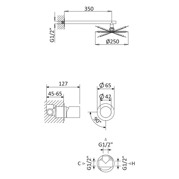 Zestaw natryskowy Bruma Avalon, podtynkowy, 1 wyjście wody, deszczownica 250mm z ramieniem ściennym, chrom