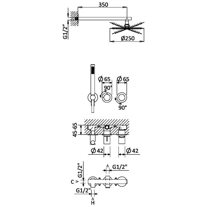Zestaw natryskowy Bruma Avalon, podtynkowy, 1 wyjście wody, deszczownica 250mm z ramieniem ściennym, chrom