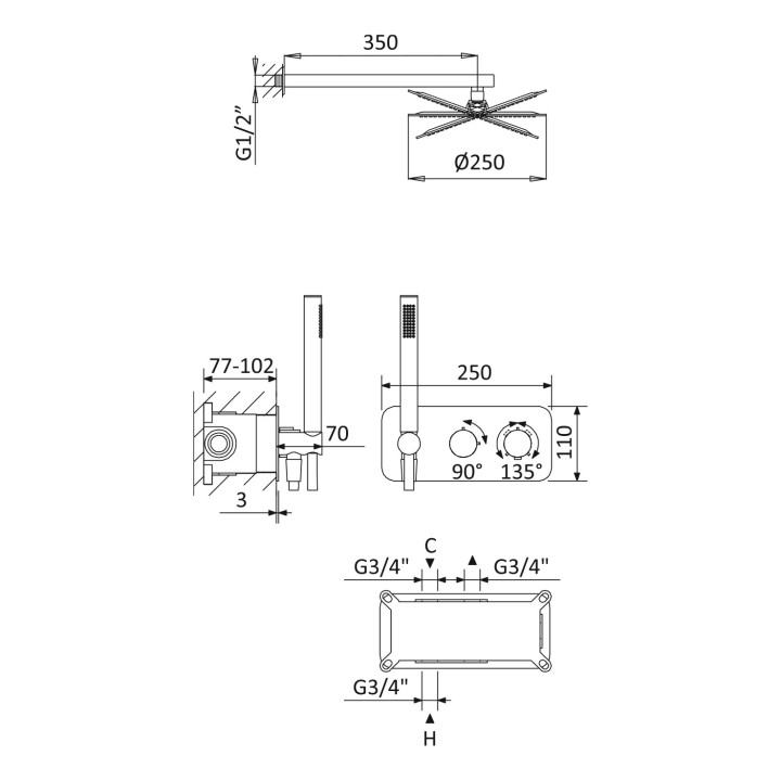Zestaw natryskowy Bruma Avalon, podtynkowy, 2 wyjścia wody, deszczownica 250mm z ramieniem ściennym, chrom