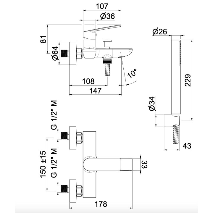 Bateria umywalkowa Vema Oten, podtynkowa, wylewka 151mm, bez korka, chrom