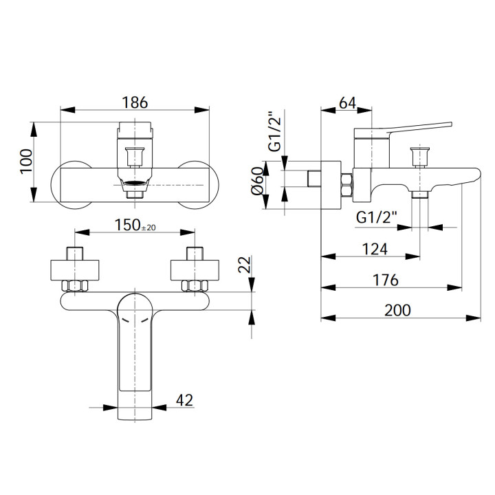 Bateria wannowo-natryskowa Vema Oten, natynkowa, 2 wyjścia wody, zestaw natryskowy, chrom