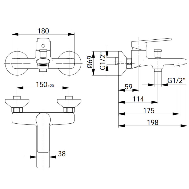 Bateria wannowo-natryskowa Demm Shine, natynkowa, 2 wyjścia wody, zestaw natryskowy, chrom