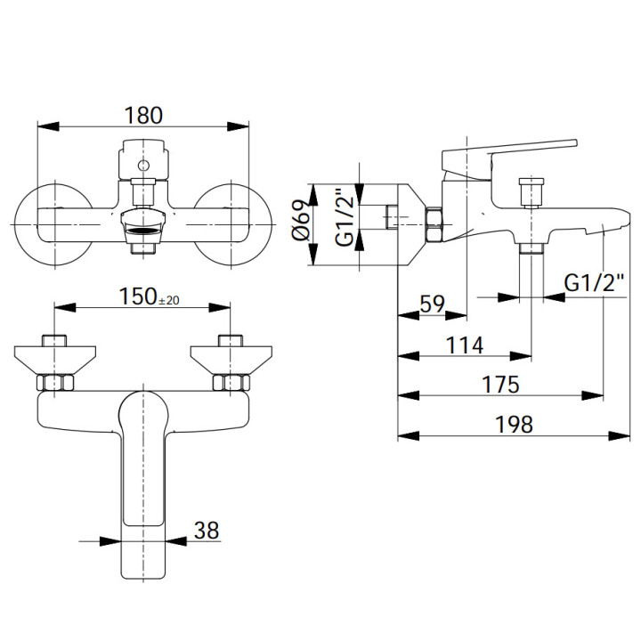 Bateria wannowo-natryskowa Demm Drake, natynkowa, 2 wyjścia wody, zestaw natryskowy, chrom
