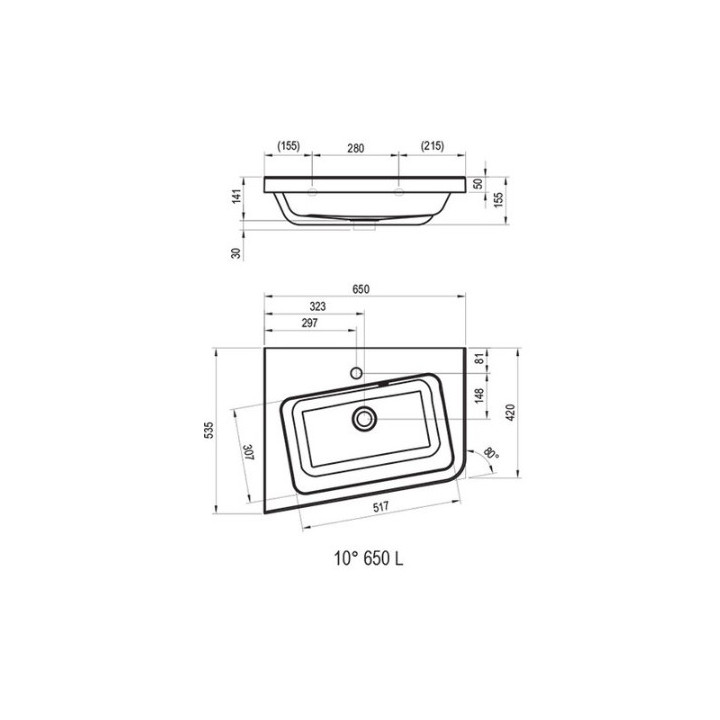 Umywalka meblowa Ravak 10° narożna lewa, 65 cm z otworami - biała