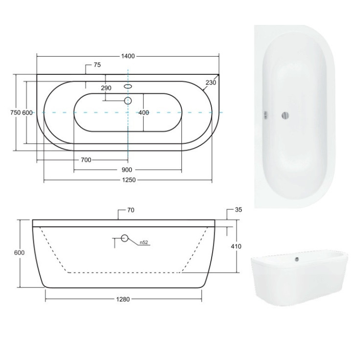 Besco Vista wanna wolnostojąca 140x75 cm przyścienna, biała