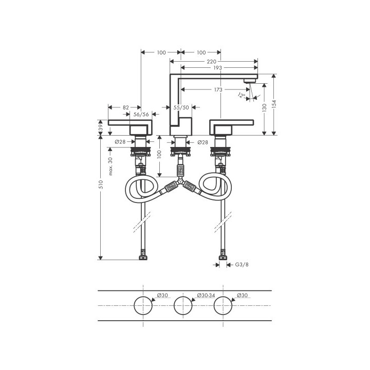Bateria umywalkowa 3-otworowa Axor Edge, wysokość 110mm, wylewka 210mm, korek push-open, chrom