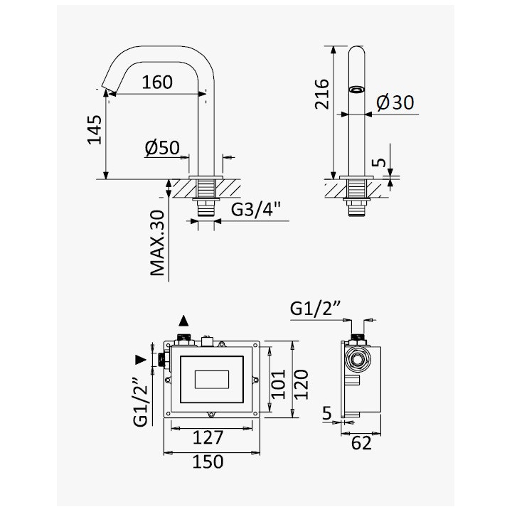Bateria umywalkowa Bruma Leaf, stojąca, 2-otworowa, wysokość 348 mm - sunset