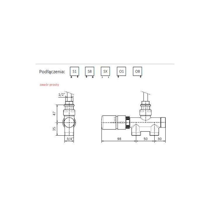 Zawór termostatyczny kątowy z rurką zanurzeniową Terma, Lewy, GZ 3/4' - chrom