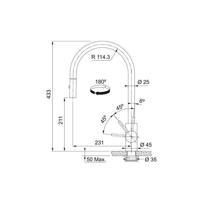 Bateria kuchenna Franke Eos Neo, stojąca, wysokość 433mm, wyciągana wylewka, szampańskie złoto