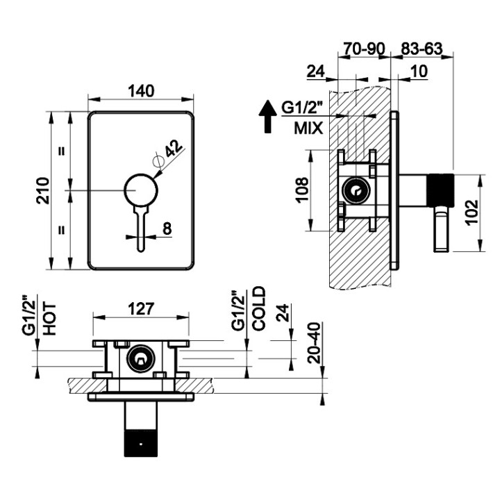 Bateria natryskowa Gessi Inciso Shower, podtynkowa, 1 wyjście wody, element natynkowy, chrom
