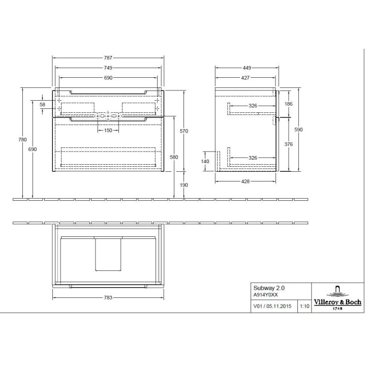 Szafka podumywalkowa Villeroy & Boch Avento, 980 x 514 x 484 mm, 2 elementy wysuwane - Crystal White