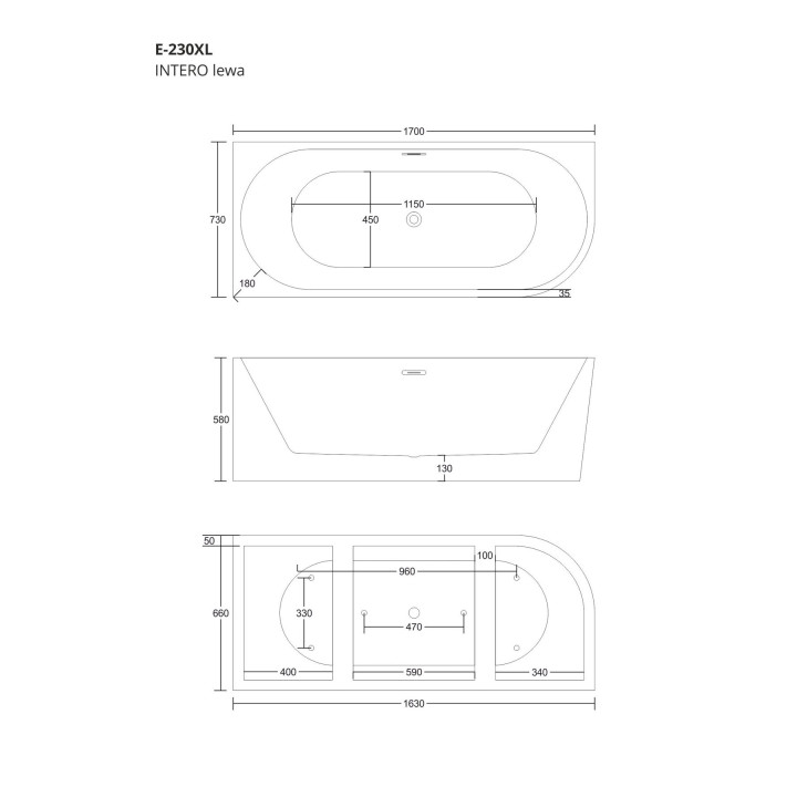 Wanna narożna Corsan INTERO lewa 170 cm z wykończeniem złotym - biała