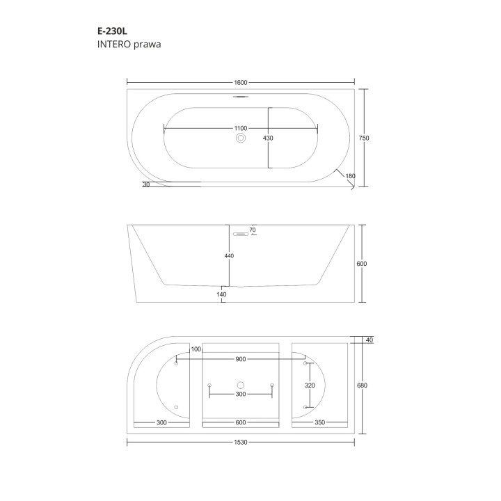 Wanna narożna do montażu przyściennego Corsan INTERO prawa 160 cm z wykończeniem złotym - biała