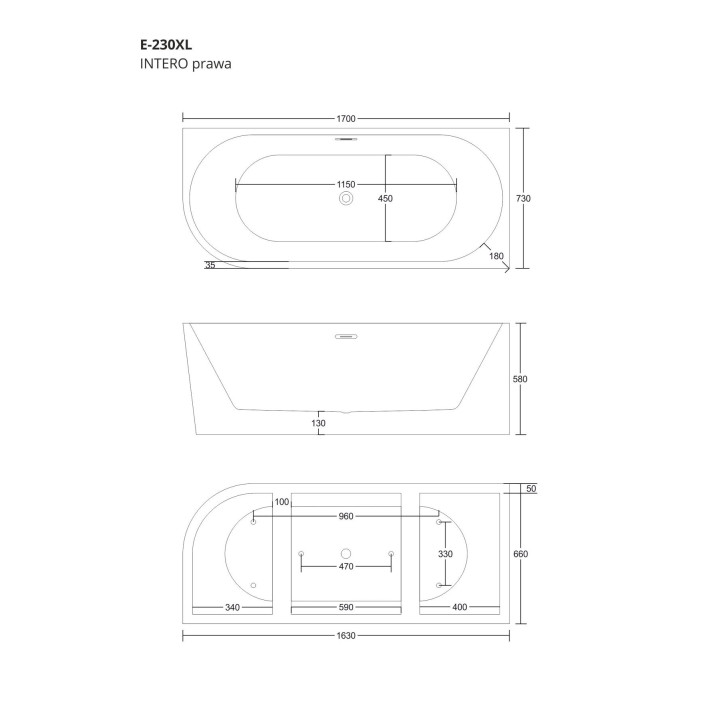 Wanna narożna Corsan INTERO prawa 170 cm z wykończeniem różowe złoto - biała