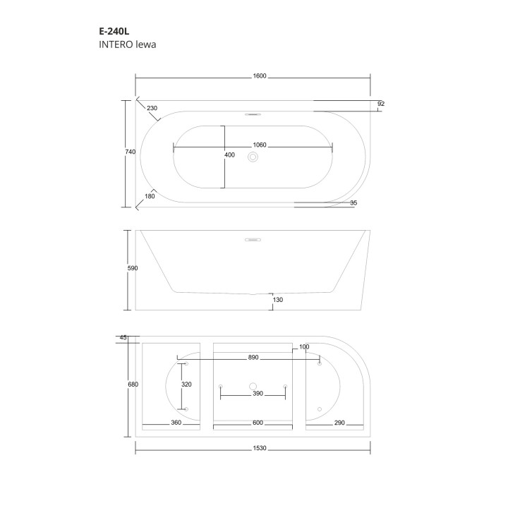 Wanna narożna Corsan INTERO lewa 160 cm z szeroką krawędzią i wykończeniem różowe złoto - biała