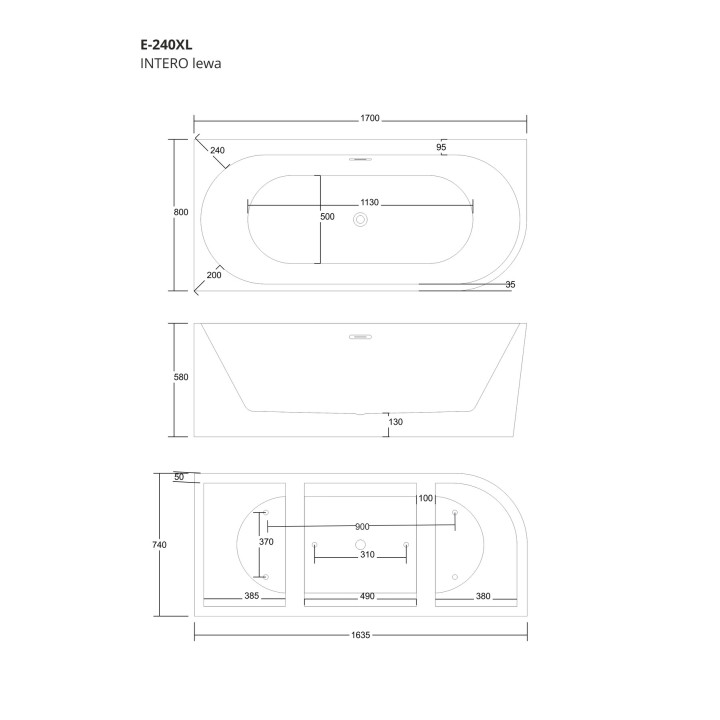 Wanna narożna Corsan INTERO lewa 170 cm z szeroką krawędzią i wykończeniem złotym - biała