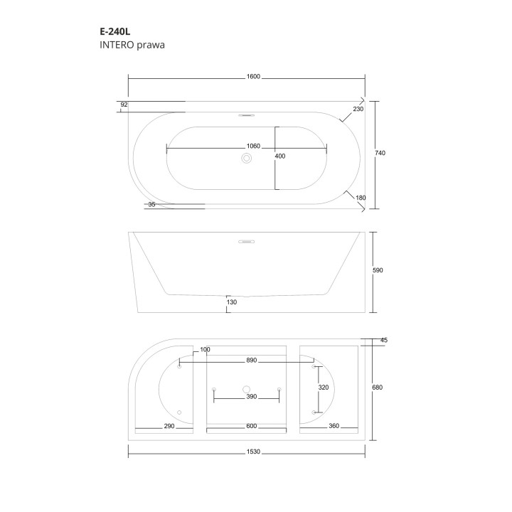 Wanna narożna Corsan INTERO prawa 160 cm z szeroką krawędzią i wykończeniem czarnym - biała
