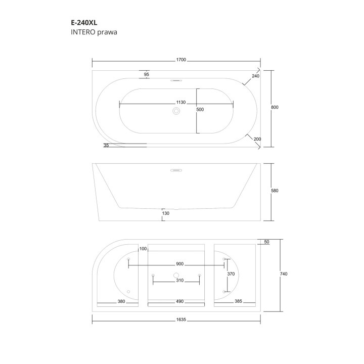 Wanna narożna Corsan INTERO prawa 170 cm z szeroką krawędzią i wykończeniem złotym - biała