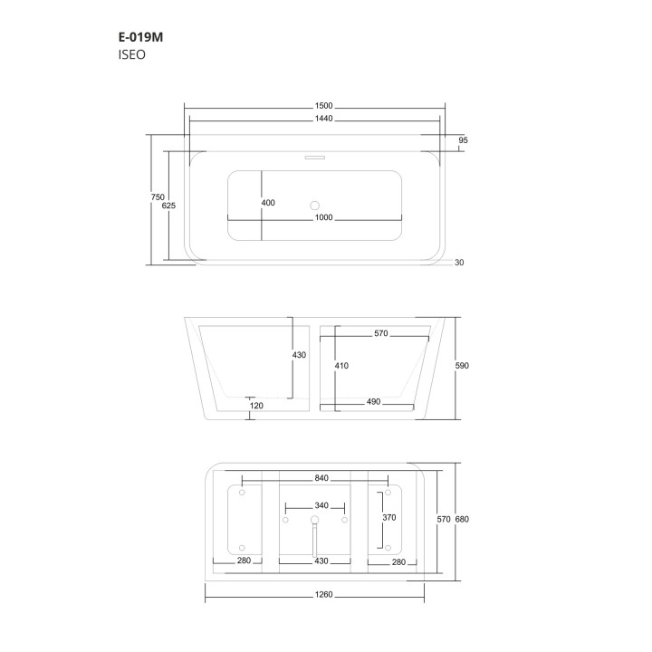 Wanna przyścienna wolnostojąca Corsan Iseo 150 cm z szeroką krawędzią i wykończeniem różowe złoto - biała